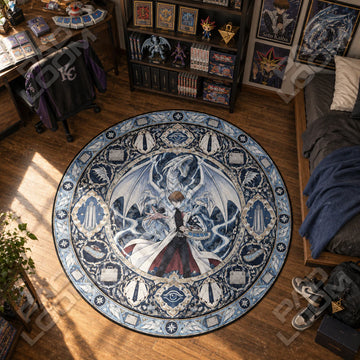 Kaiba Lightning Yu-Gi-Oh round rug on a bedroom floor - Yu-Gi-Oh chair mat
