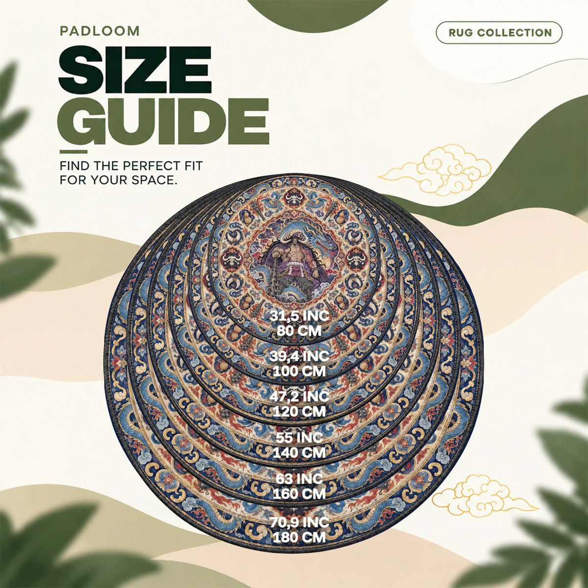 Kaido Dragon round rug size guide, 80 to 180 cm (31.5 to 70.9 in)