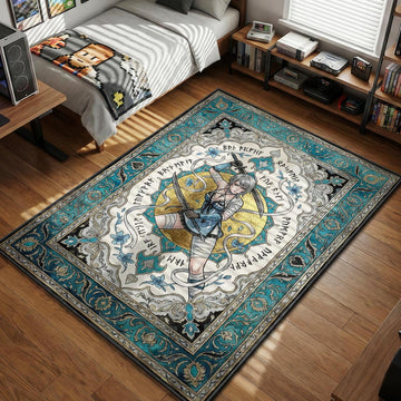 Kainé from Nier Replicant wielding dual swords surrounded by magical runes and teal floral border gaming area rug and floor mat