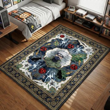 Kakashi Hatake portrait surrounded by blue Chidori lightning and red Mangekyou Sharingan symbols area rug and floor mat