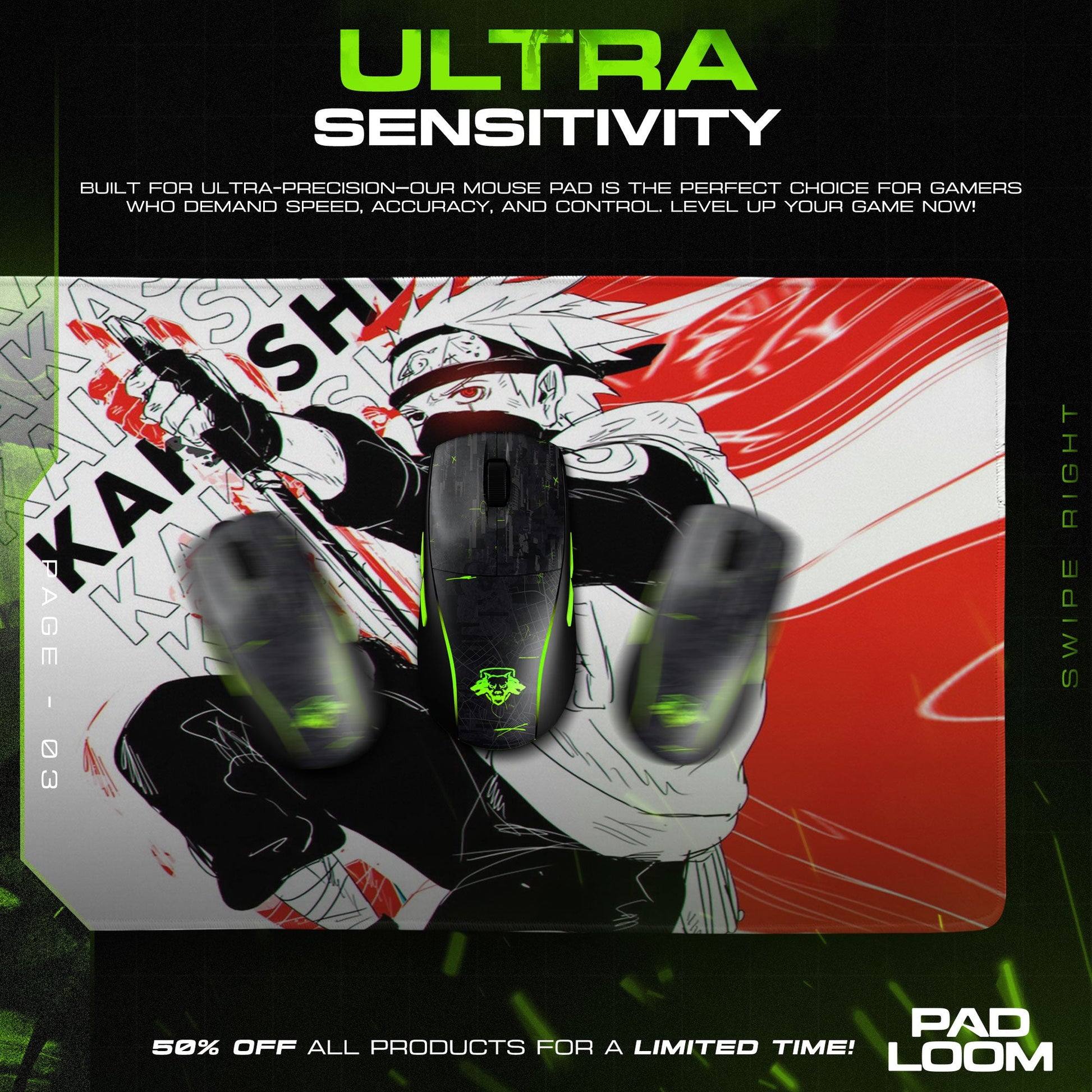 Kakashi Lightning Strike Mouse Pad - Red Shadow Anime Desk Mat Padloom