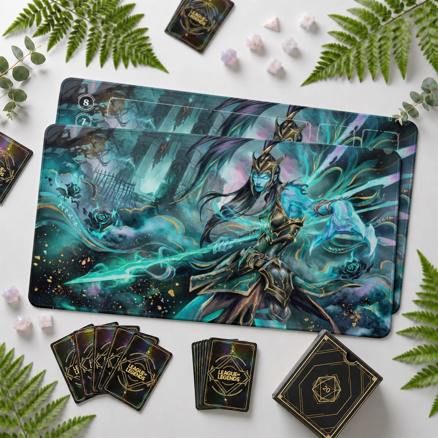 Kalista Spectre Riftbound TCG playmat with card zones and score track – LoL game mat