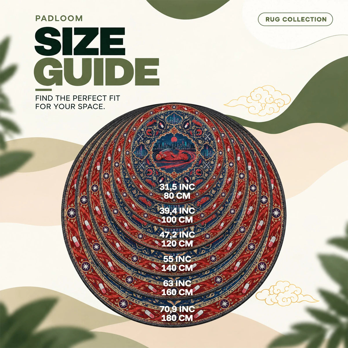 Kaneda Bike Drifting round rug size guide, 80 to 180 cm (31.5 to 70.9 in)