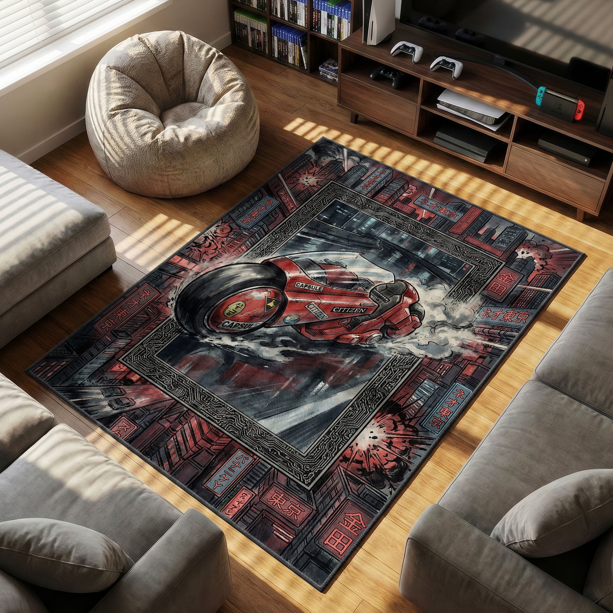 Kaneda Bike themed area rug for Cyberpunk fans