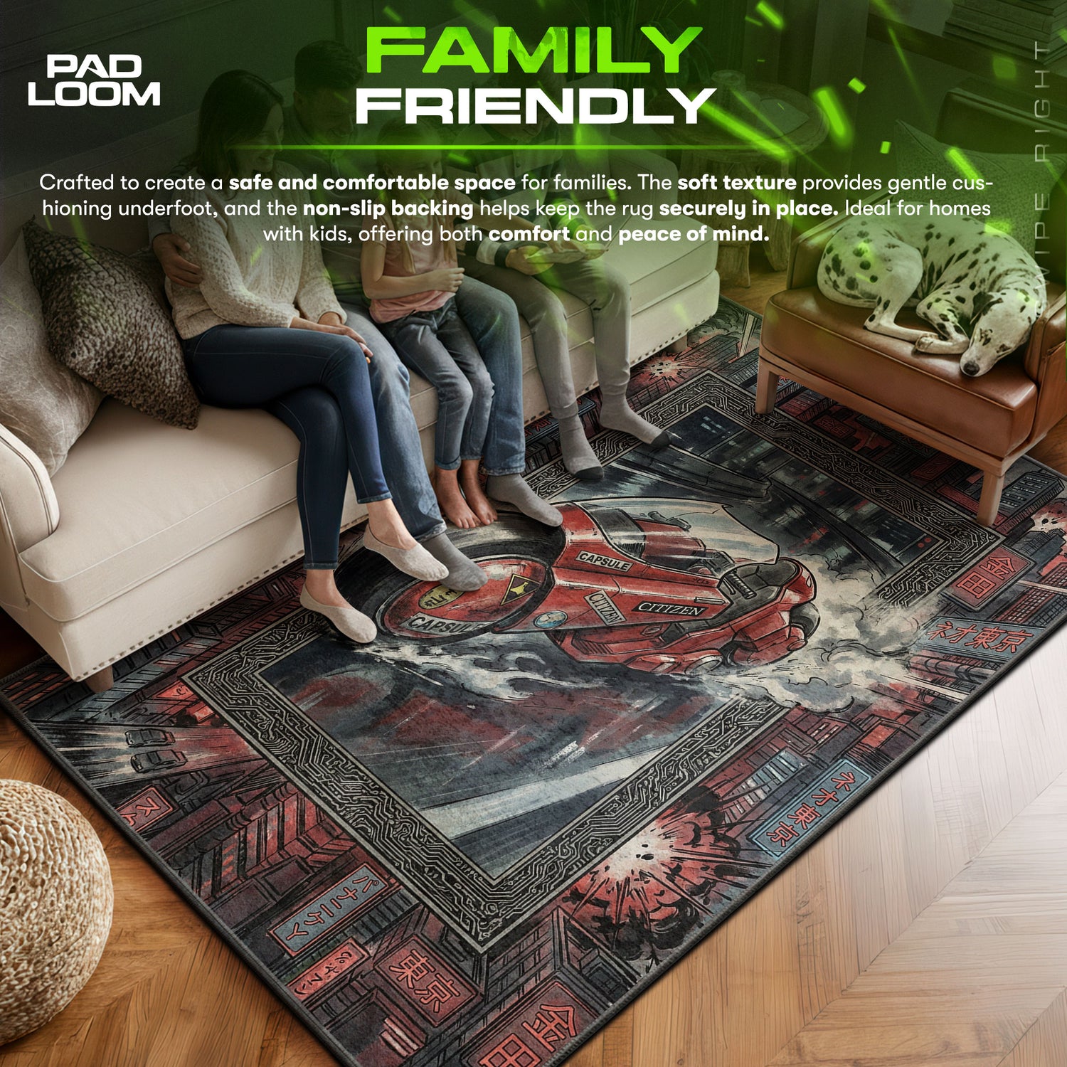 Kaneda area rug showing full Cyberpunk artwork
