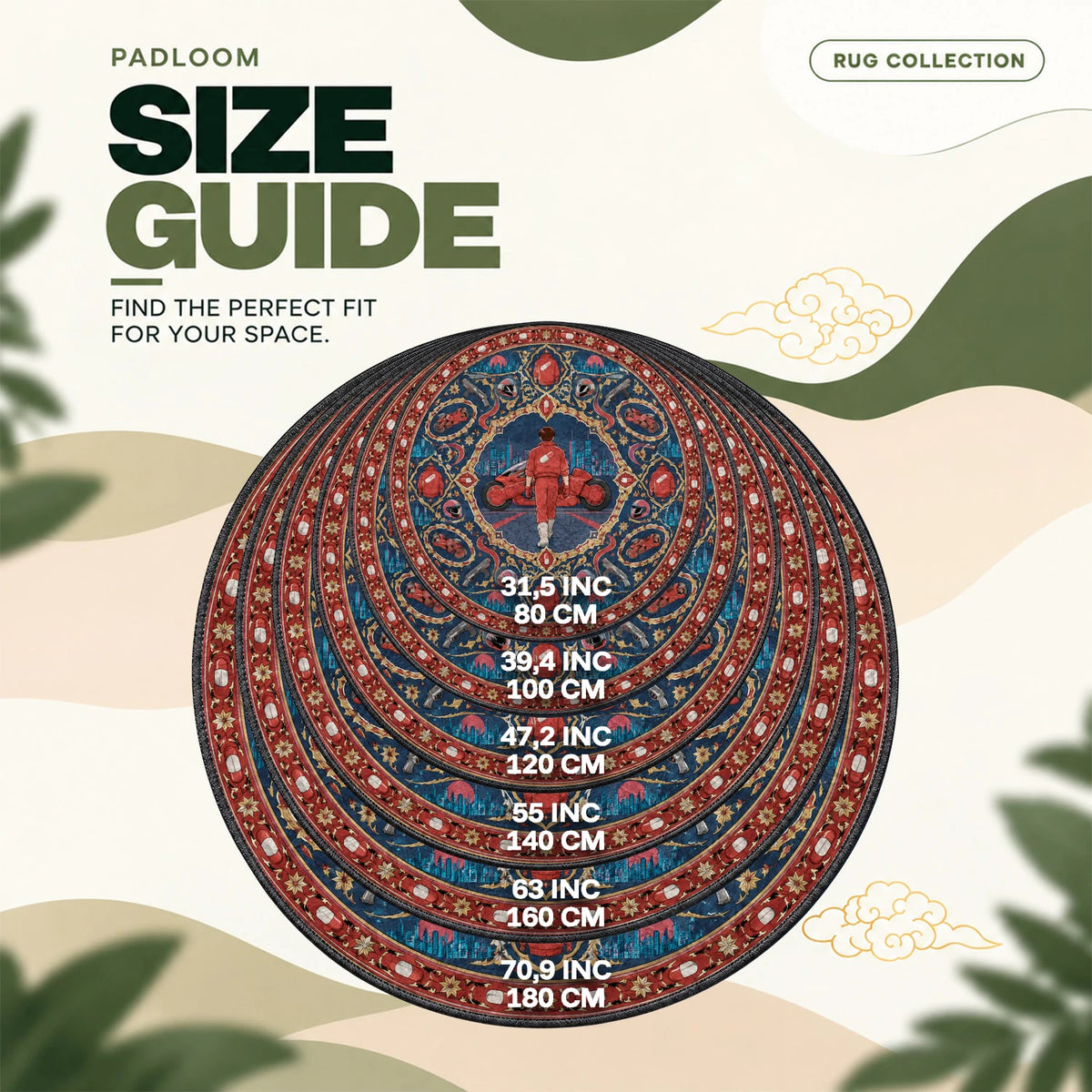 Kaneda Walking round rug size guide, 80 to 180 cm (31.5 to 70.9 in)