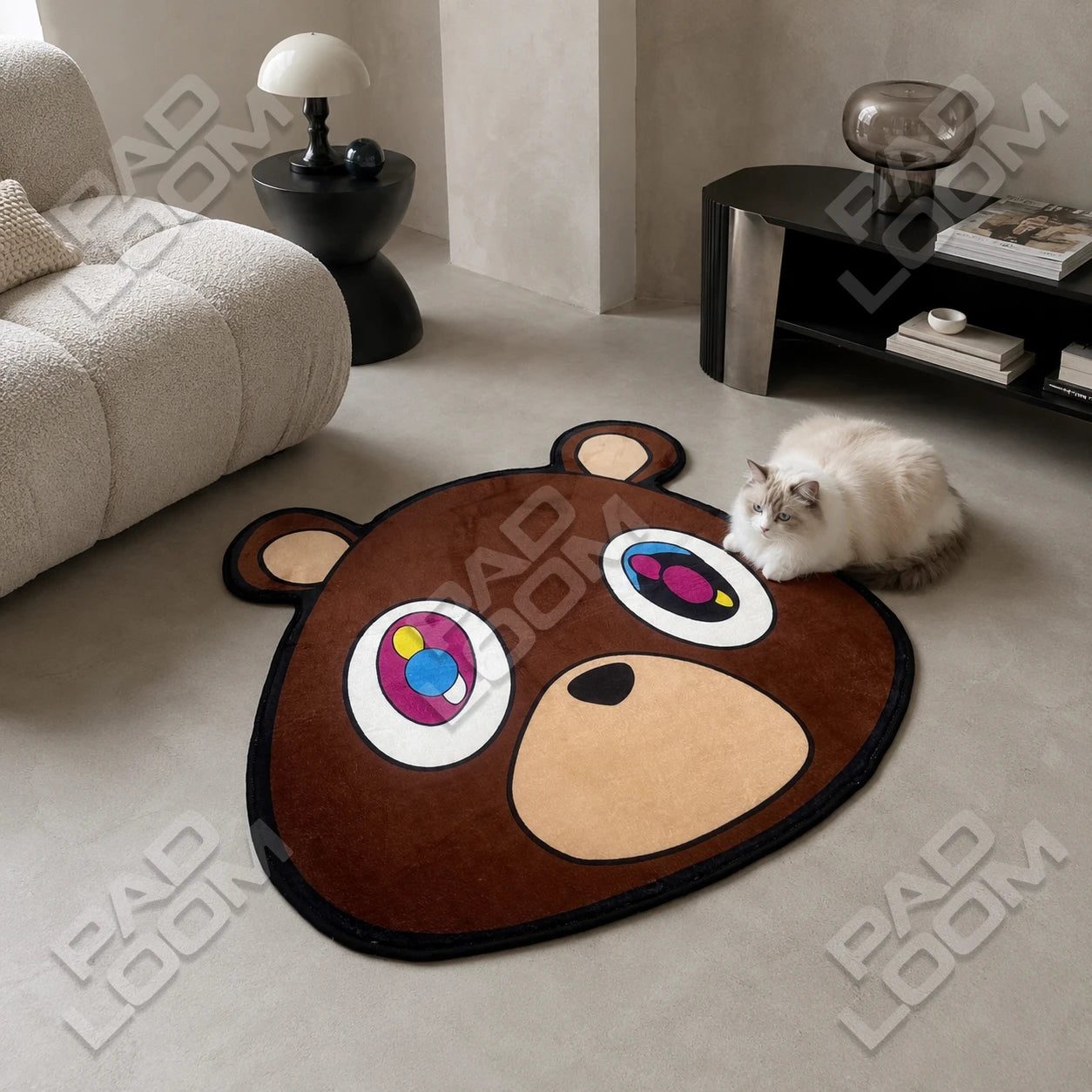 Kanye West Bear shaped rug shown in a room setting