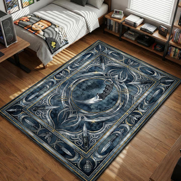 Karambit Blue Steel knife center with bayonet and grenade border art style gaming area rug and floor mat