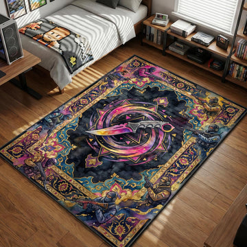 CS2 Karambit Fade knife center with tactical operators ornate art style gaming area rug and floor mat