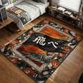Vertical anime rug design featuring the tattered black Karasuno High banner with white Japanese kanji for "Fly" against an orange sunset, bordered by team jerseys (numbers 10, 9, 1, 3) and crows from Haikyuu.