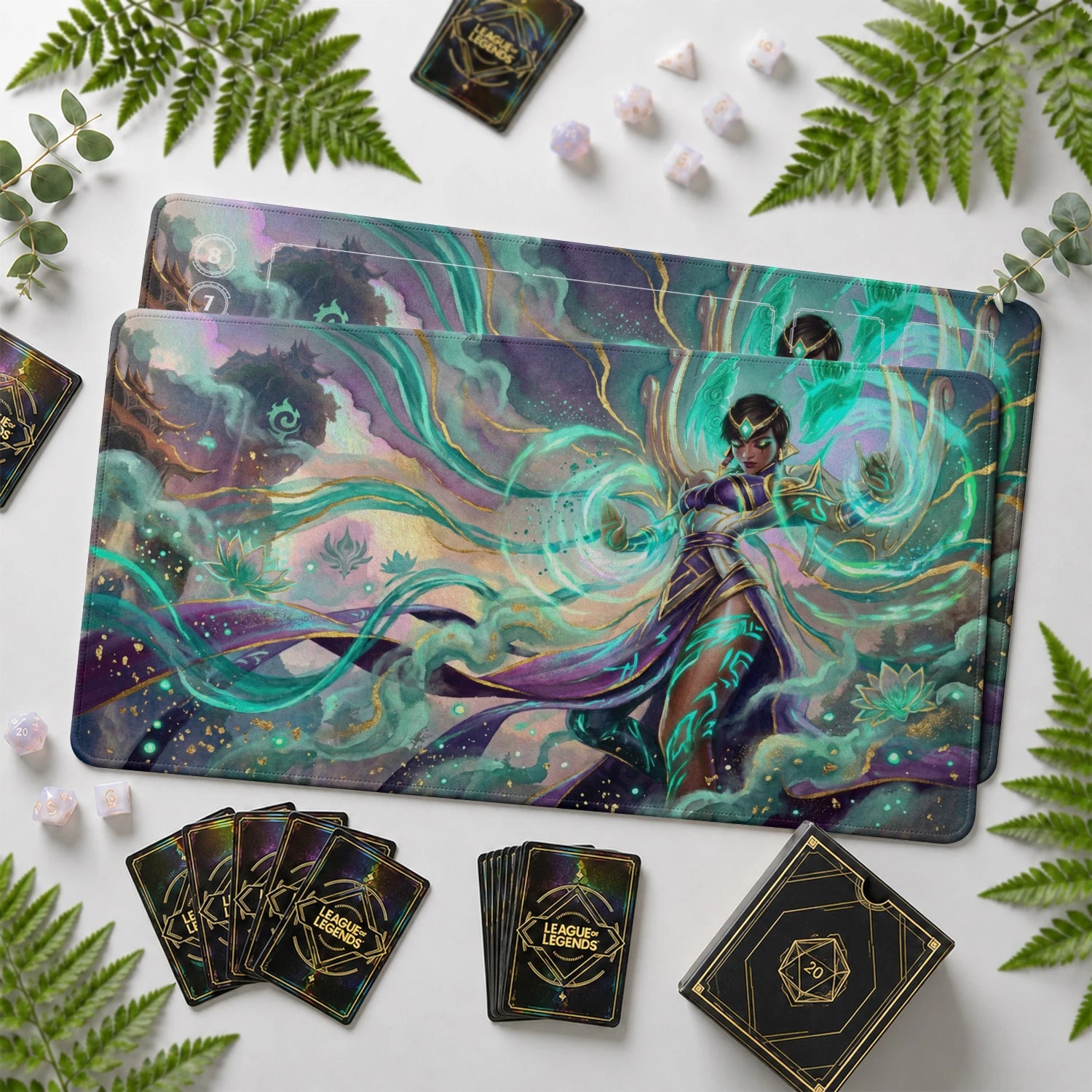 Karma Serenity Riftbound TCG playmat with card zones and score track – LoL game mat