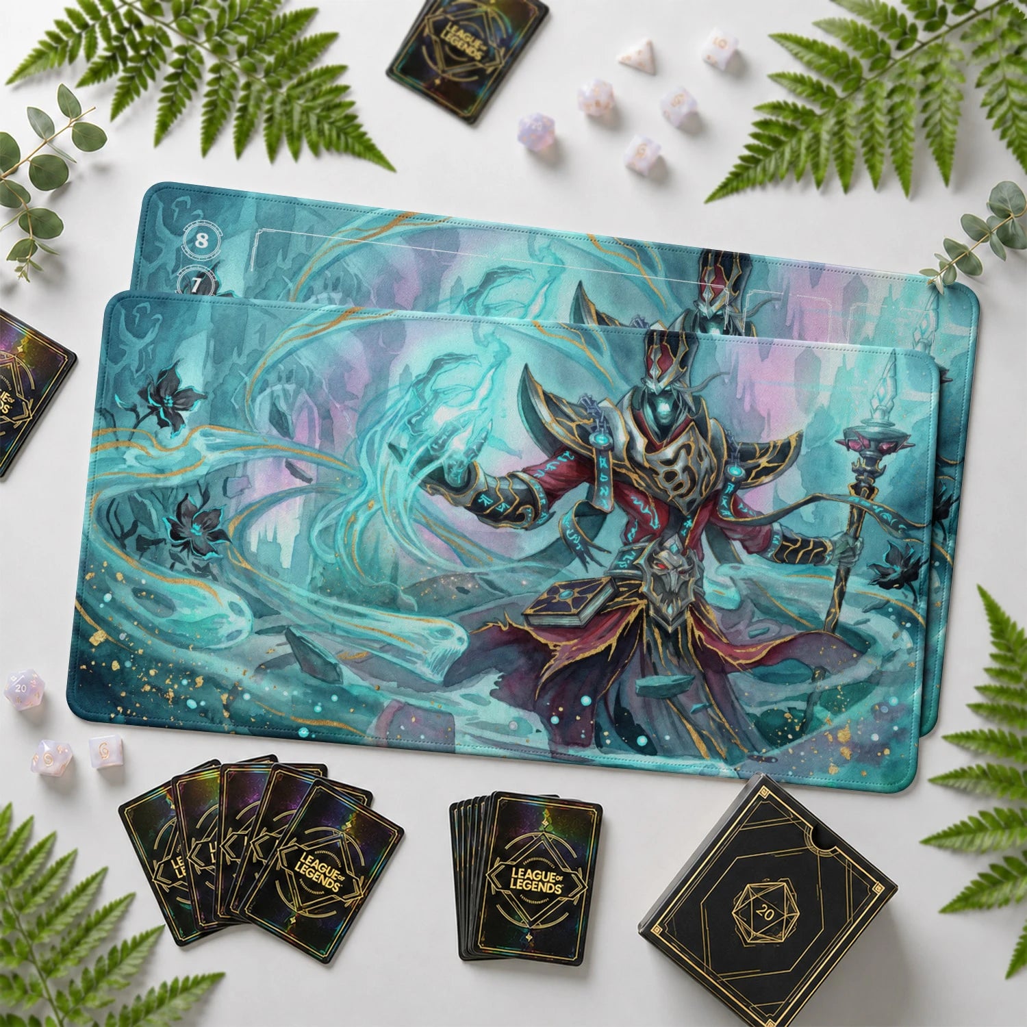 Karthus Requiem Riftbound TCG playmat with card zones and score track – LoL game mat