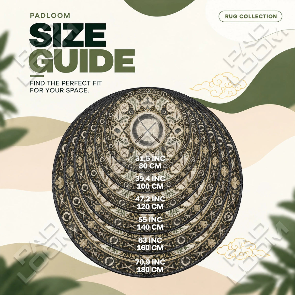 Katana Enso round rug size guide, 80 to 180 cm (31.5 to 70.9 in)