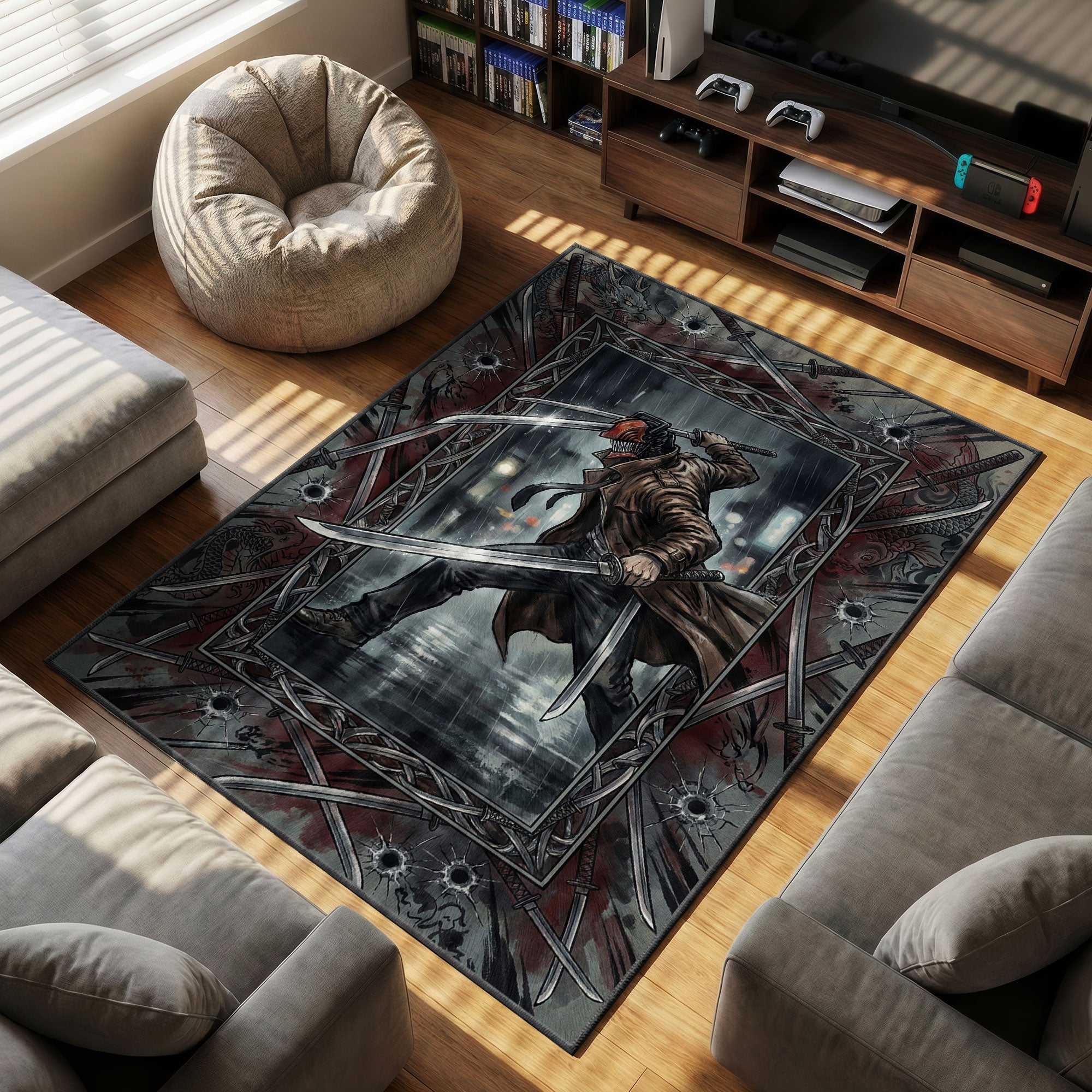 Katana Man themed area rug for home decor fans