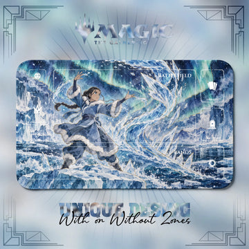 Katara Aurora Avatar MTG playmat, blue and gray art with play zones, 24 x 14 in