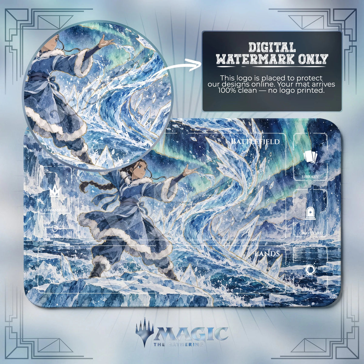 Katara Aurora Avatar MTG playmat with zones; the Padloom watermark is digital only, not printed