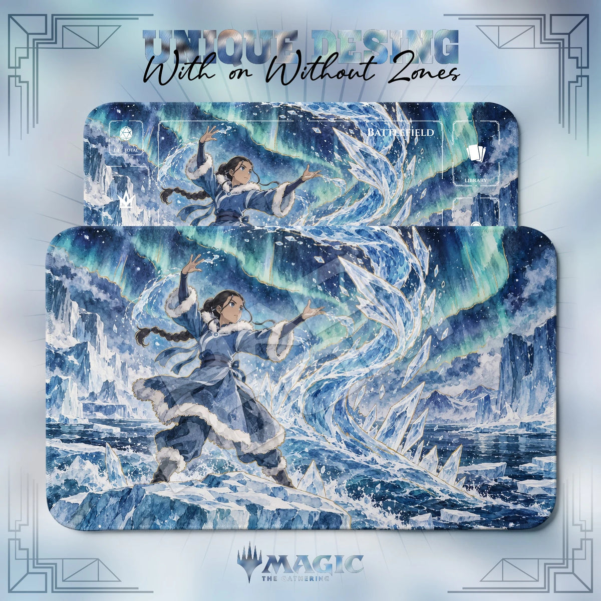 Katara Aurora Avatar MTG playmat shown with zones and without zones