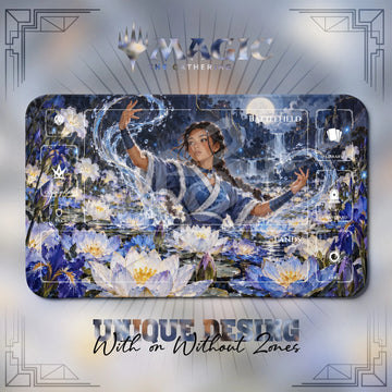 Katara Lotus Avatar MTG playmat, blue and gray art with play zones, 24 x 14 in