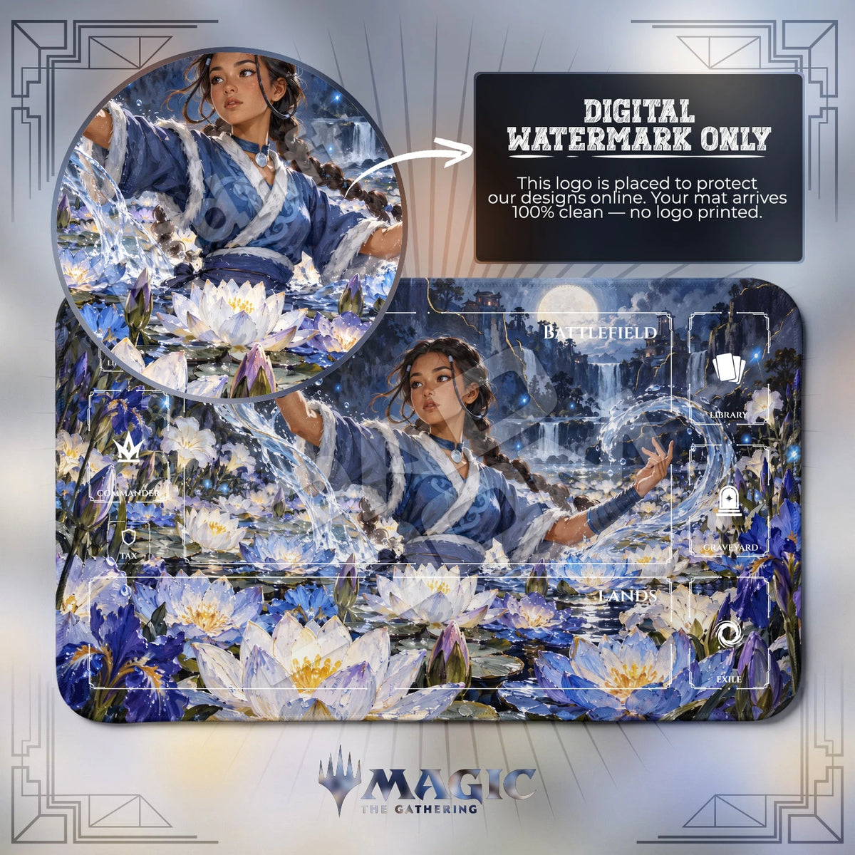 Katara Lotus Avatar MTG playmat with zones; the Padloom watermark is digital only, not printed