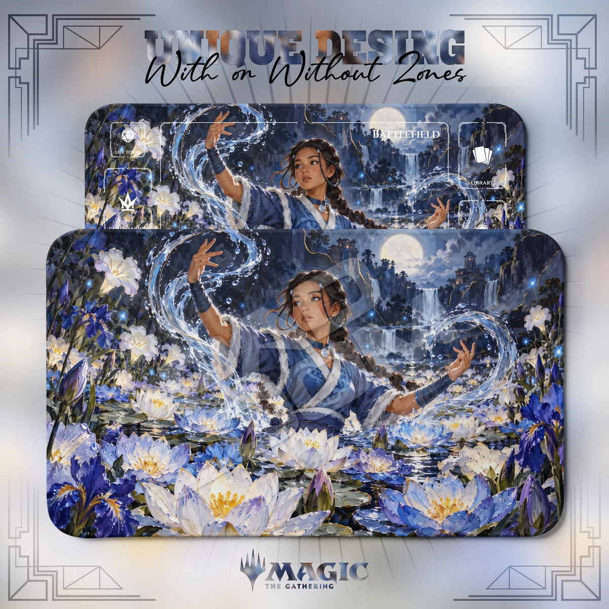 Katara Lotus Avatar MTG playmat shown with zones and without zones