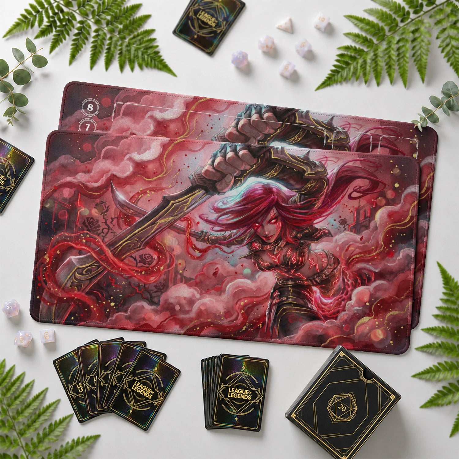 Katarina Crimson Riftbound TCG playmat with card zones and score track – LoL game mat