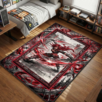 Katarina performing death lotus ultimate with red blade whirlwind in ink sketch style gaming area rug and floor mat