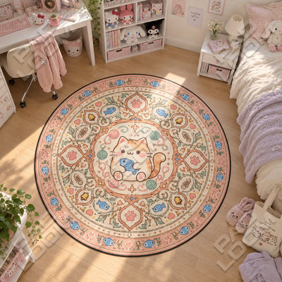 Kawaii Cat Yarn Round Rug - Kids Circle Area Rug