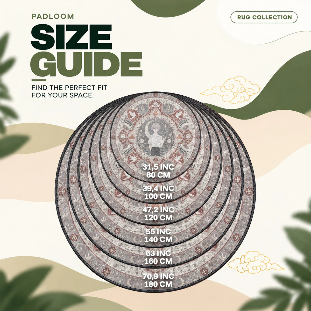 Kaworu Moonlit round rug size guide, 80 to 180 cm (31.5 to 70.9 in)
