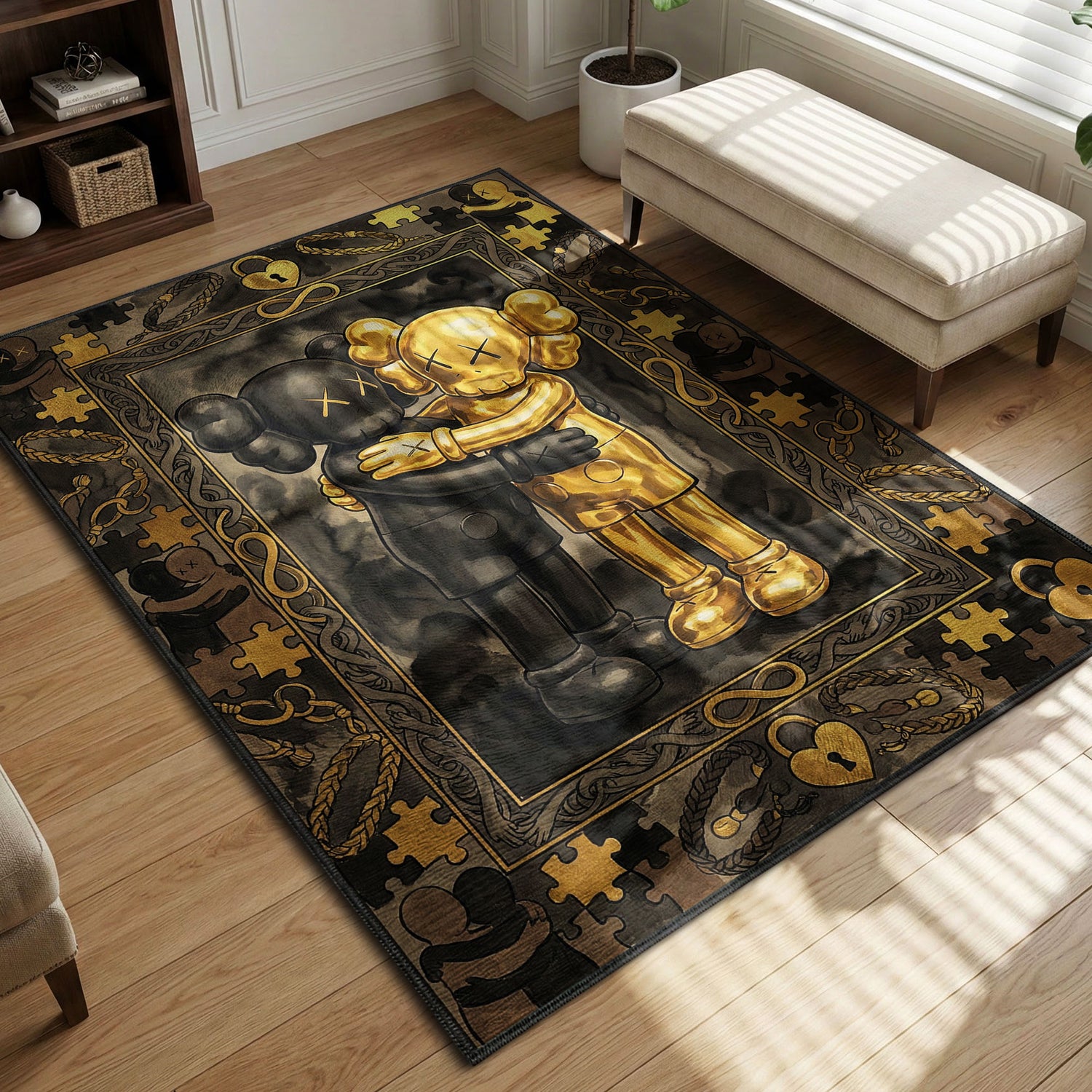 Kaws Black & Gold Hug Rug - Luxury Art Mat