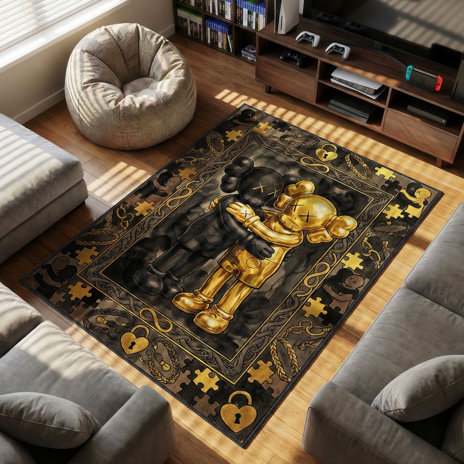 Kaws Black & Gold Hug Rug - Luxury Art Mat