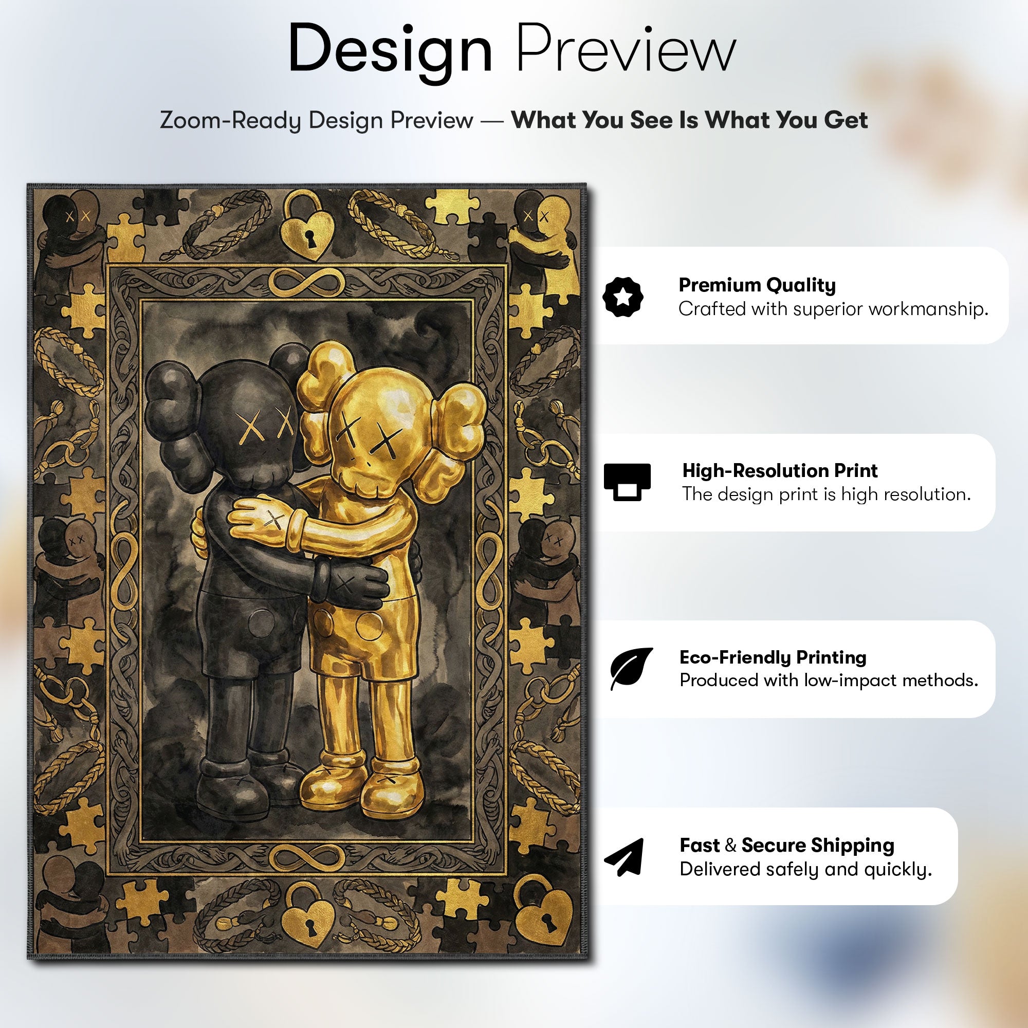Kaws Black & Gold Hug Rug - Luxury Art Mat