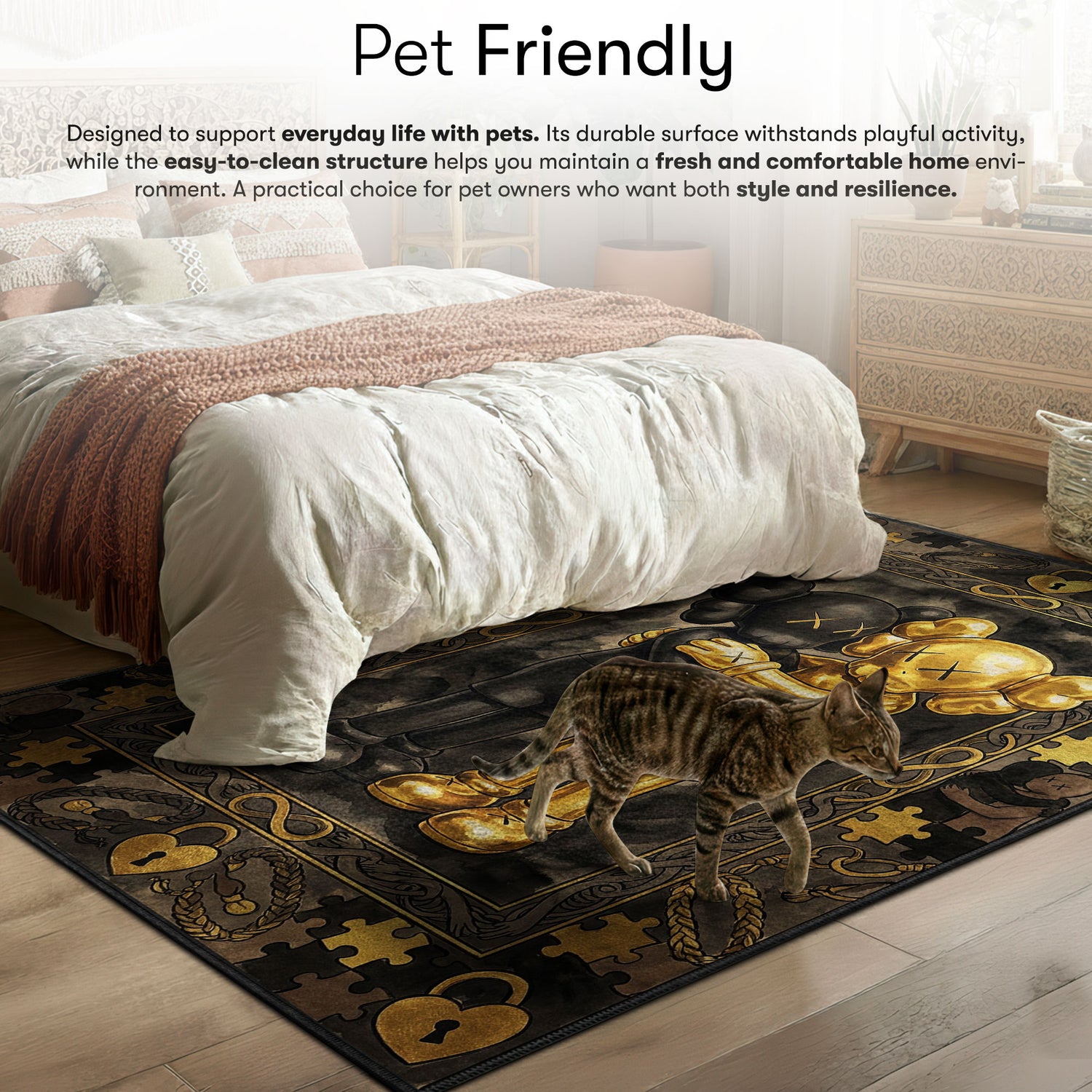 Kaws Black & Gold Hug Rug - Luxury Art Mat