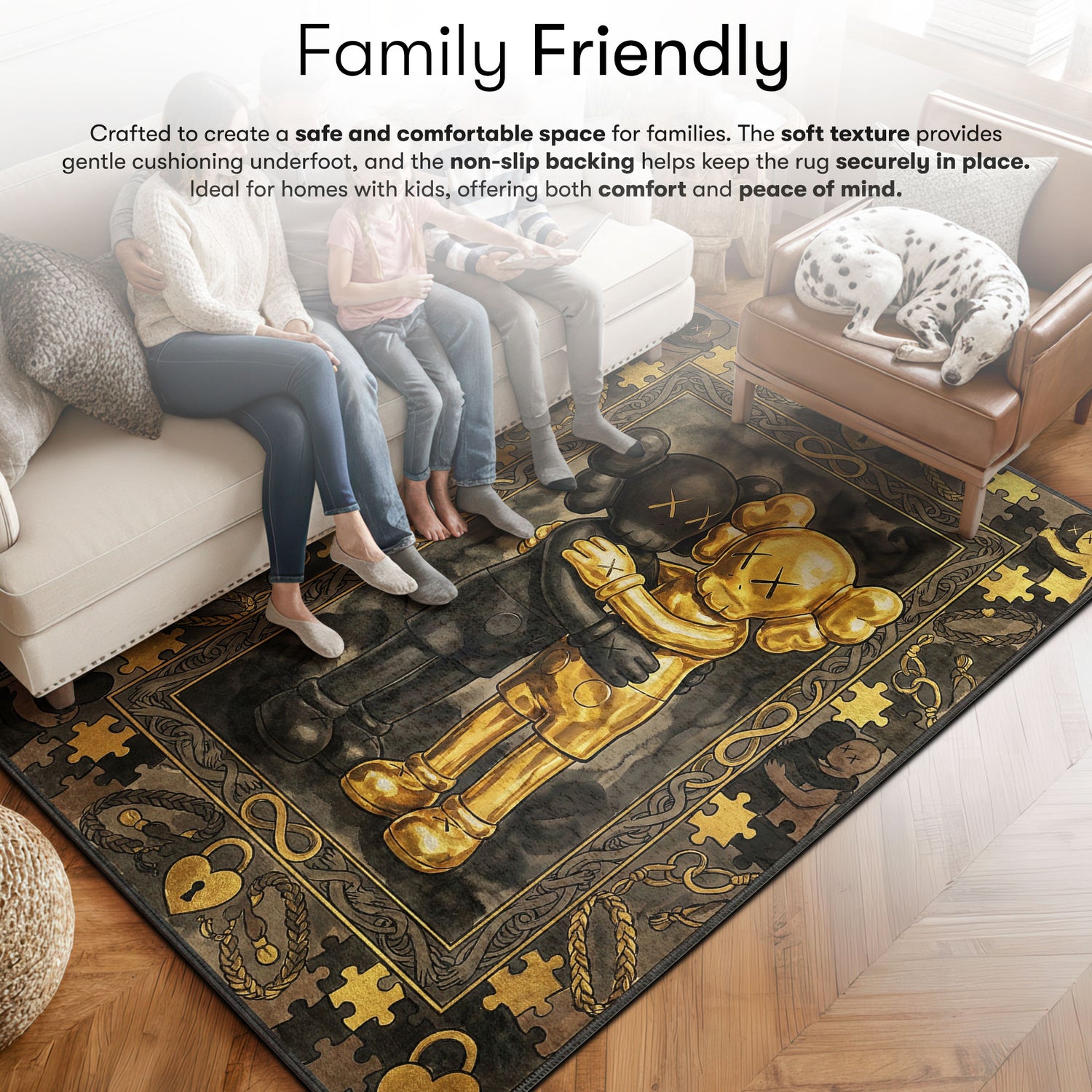 Kaws Black & Gold Hug Rug - Luxury Art Mat