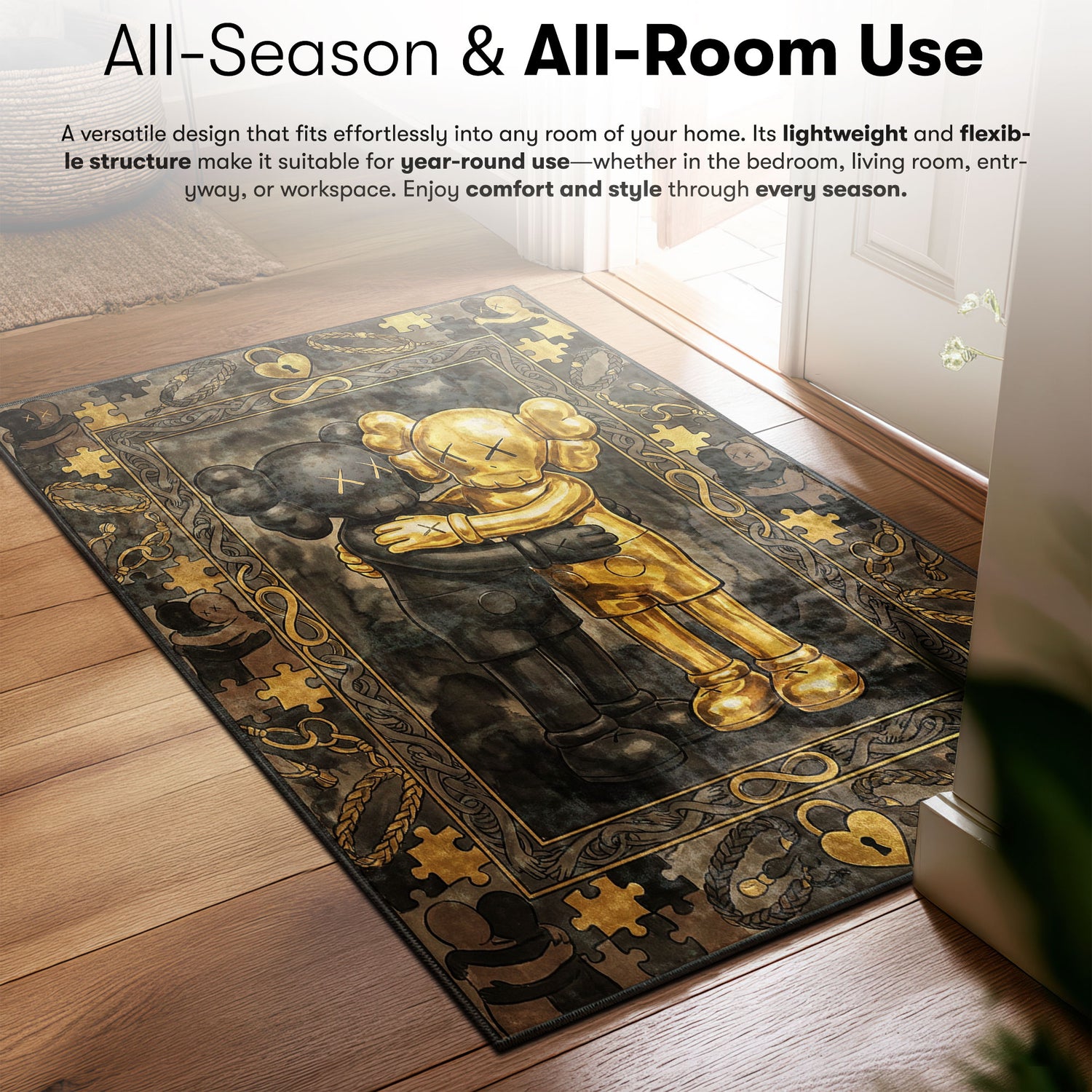 Kaws Black & Gold Hug Rug - Luxury Art Mat