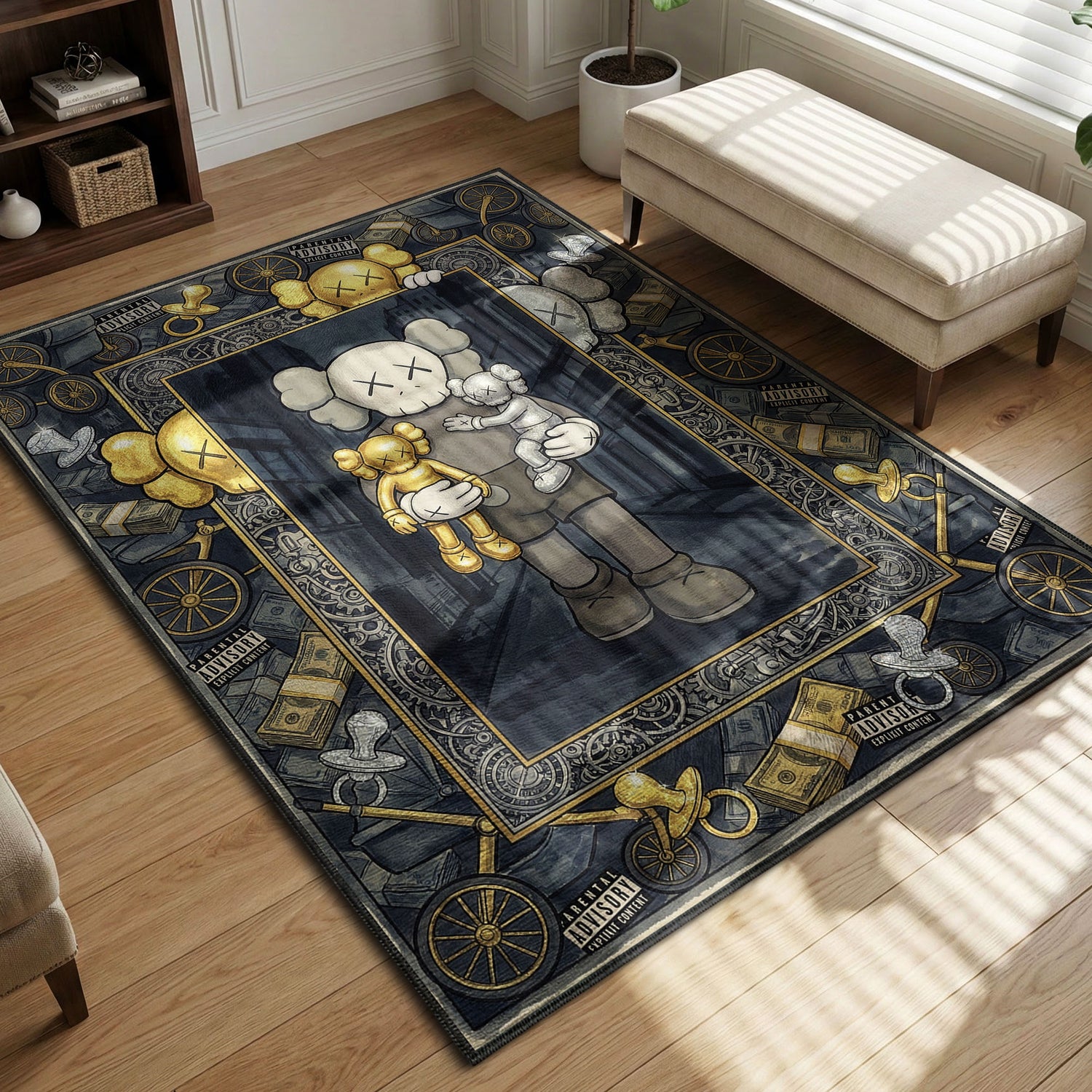 Kaws Companion holding gold and silver figures with money and pacifier border details dark urban art style hypebeast area rug