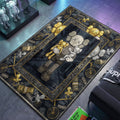 Kaws Companion holding gold and silver figures with money and pacifier border details dark urban art style hypebeast area rug