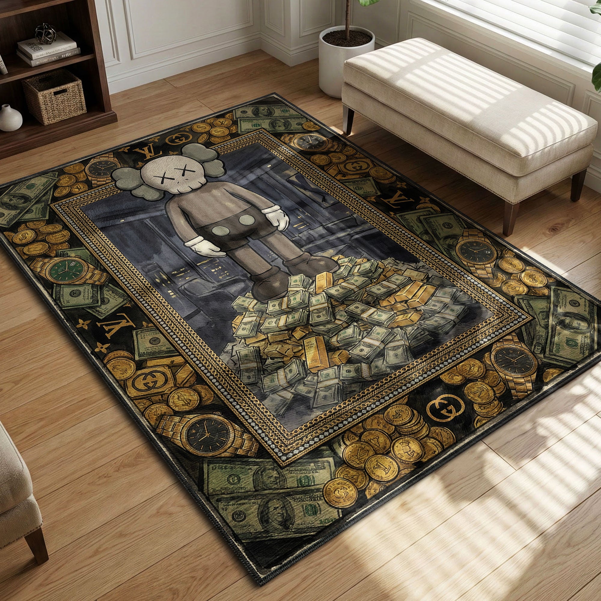 Kaws Grey Figure standing on pile of money and gold with luxury watch and brand logo border hypebeast room accessory