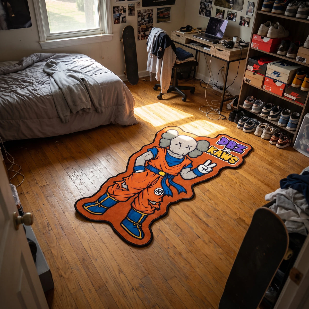 KAWS Goku shaped rug seen from above on hardwood flooring