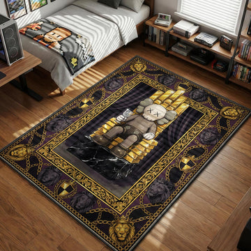KAWS figure sitting on golden throne with lion heads hypebeast area rug