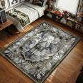 KAWS grey holiday companion figure covering eyes with ornate bone border hypebeast area rug