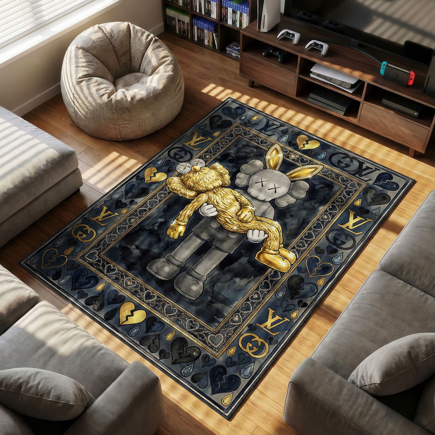 Kaws Luxury Gold Rabbit Rug - Fashion Art Mat