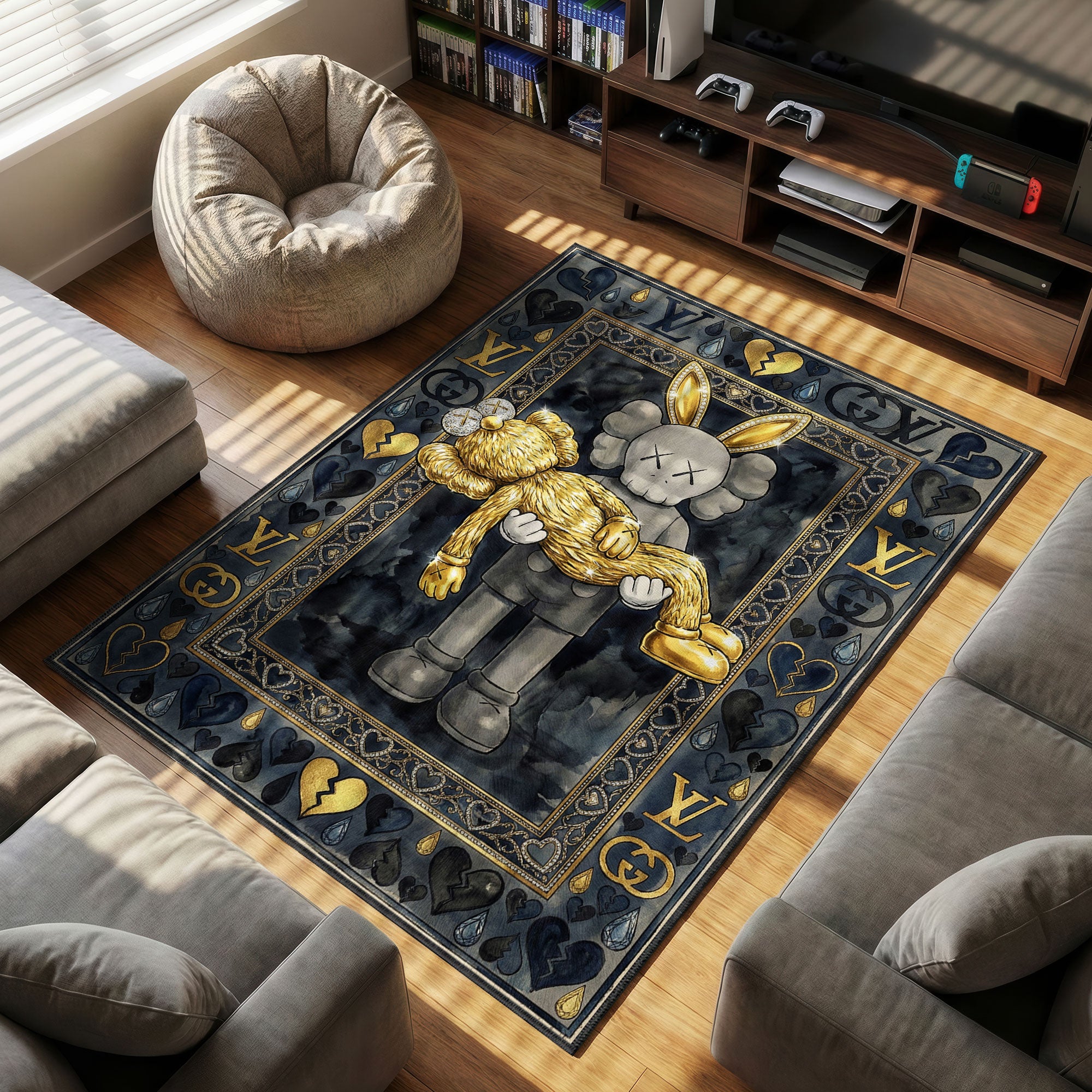 Kaws Luxury Gold Rabbit Rug - Fashion Art Mat