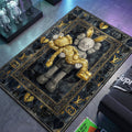 Kaws Companion holding golden rabbit figure with Louis Vuitton and Gucci monogram background luxury art hypebeast area rug