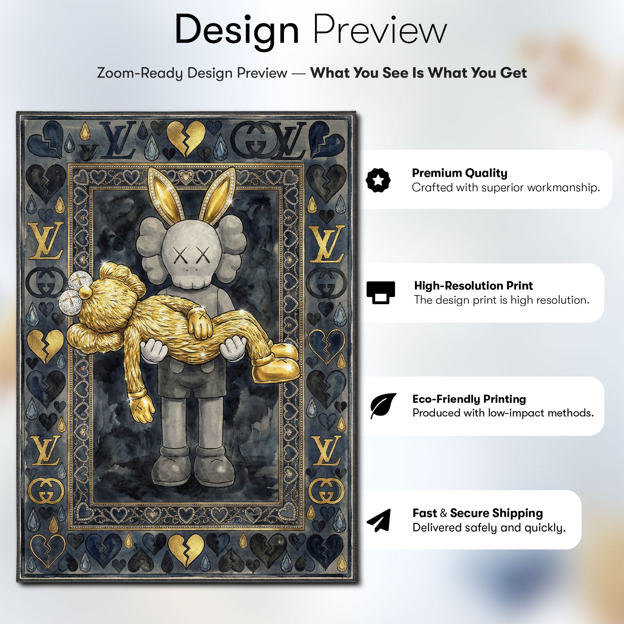 Kaws Luxury Gold Rabbit Rug - Fashion Art Mat