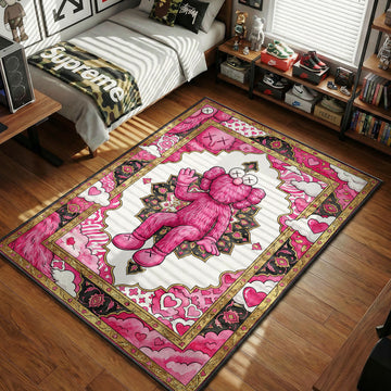 KAWS Pink BFF LV monogram Persian motif pink white gold hypebeast area rug