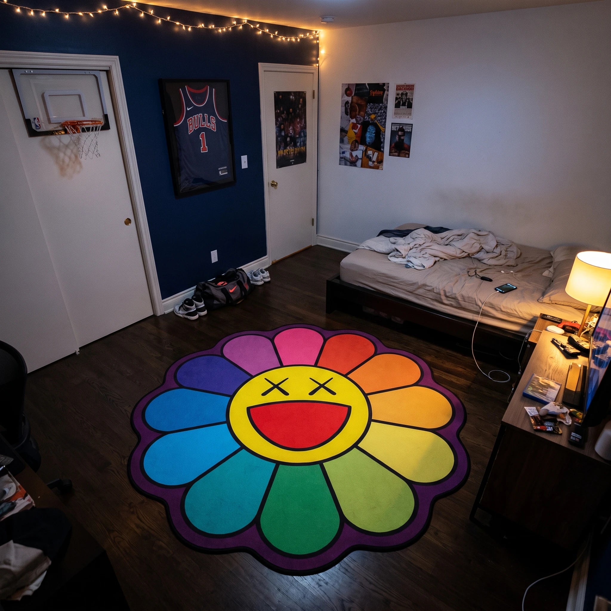 KAWS Rainbow Flower Rug - Shaped Pop Art Area Rug