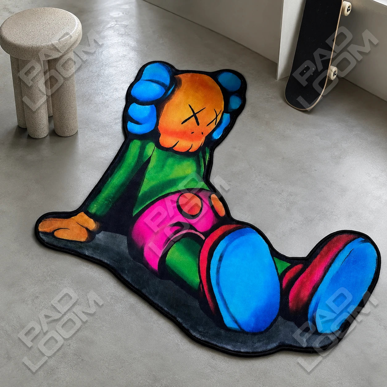 KAWS shaped rug shown in a room setting