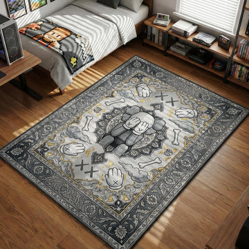 KAWS Companion Passing Through greyscale gold bones clouds hypebeast area rug