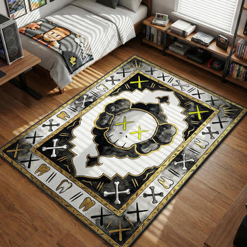 KAWS Skull head crossbones yellow eyes black white gold borders teeth hypebeast area rug