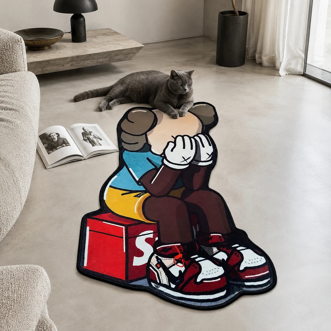 Kaws Sneaker shaped rug close-up, soft washable pile